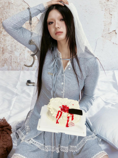 Lace Trimmed Knitted Layered Mini Skirt With Wide Waistband