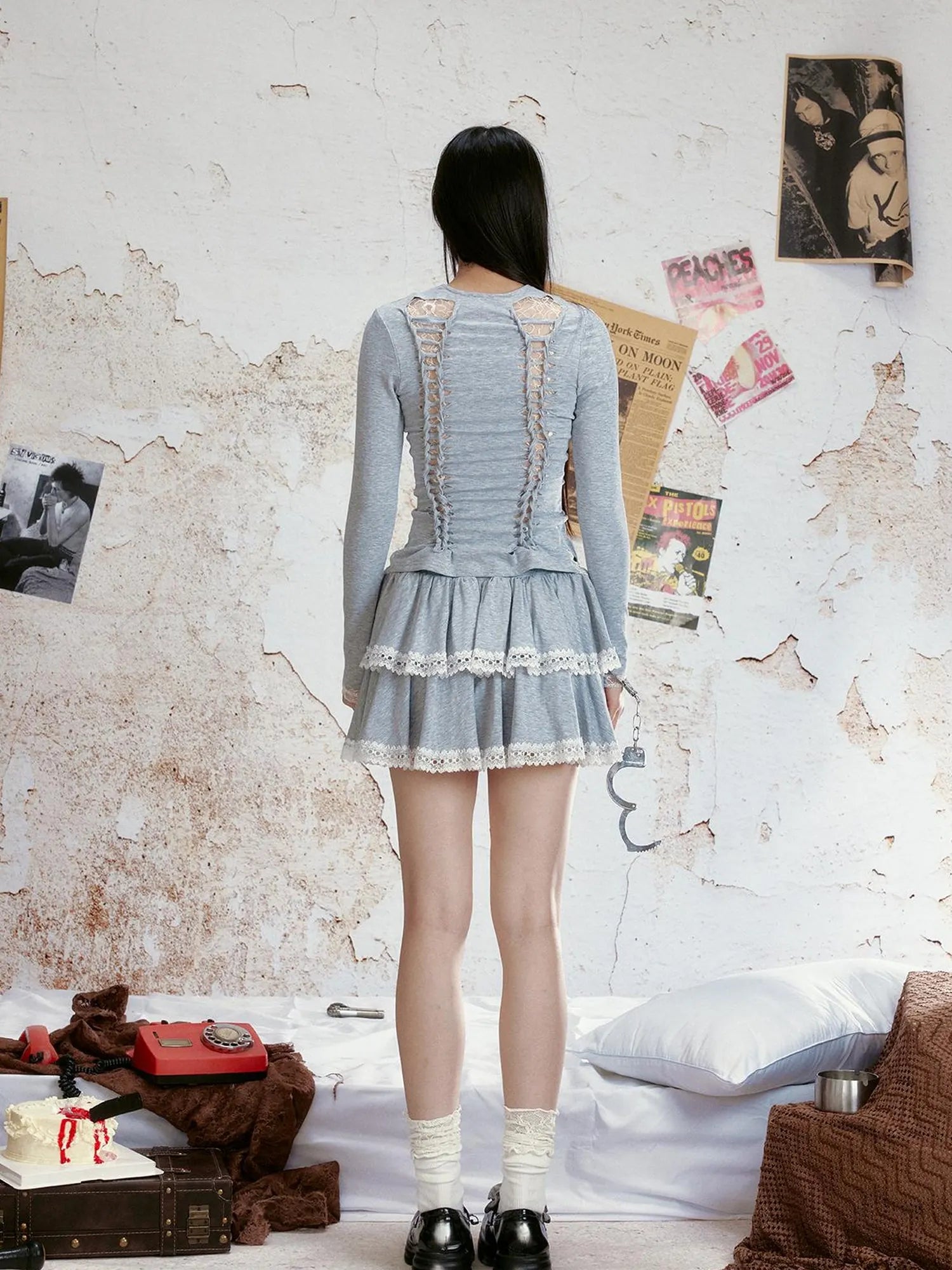 Lace Trimmed Knitted Layered Mini Skirt With Wide Waistband