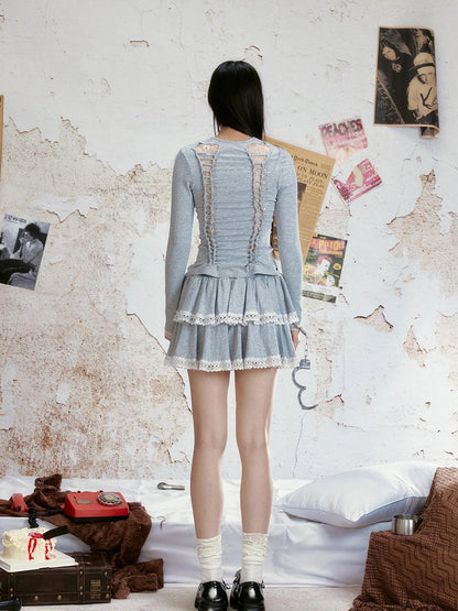 Lace Trimmed Knitted Layered Mini Skirt With Wide Waistband