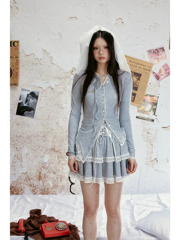 Lace Trimmed Knitted Layered Mini Skirt With Wide Waistband