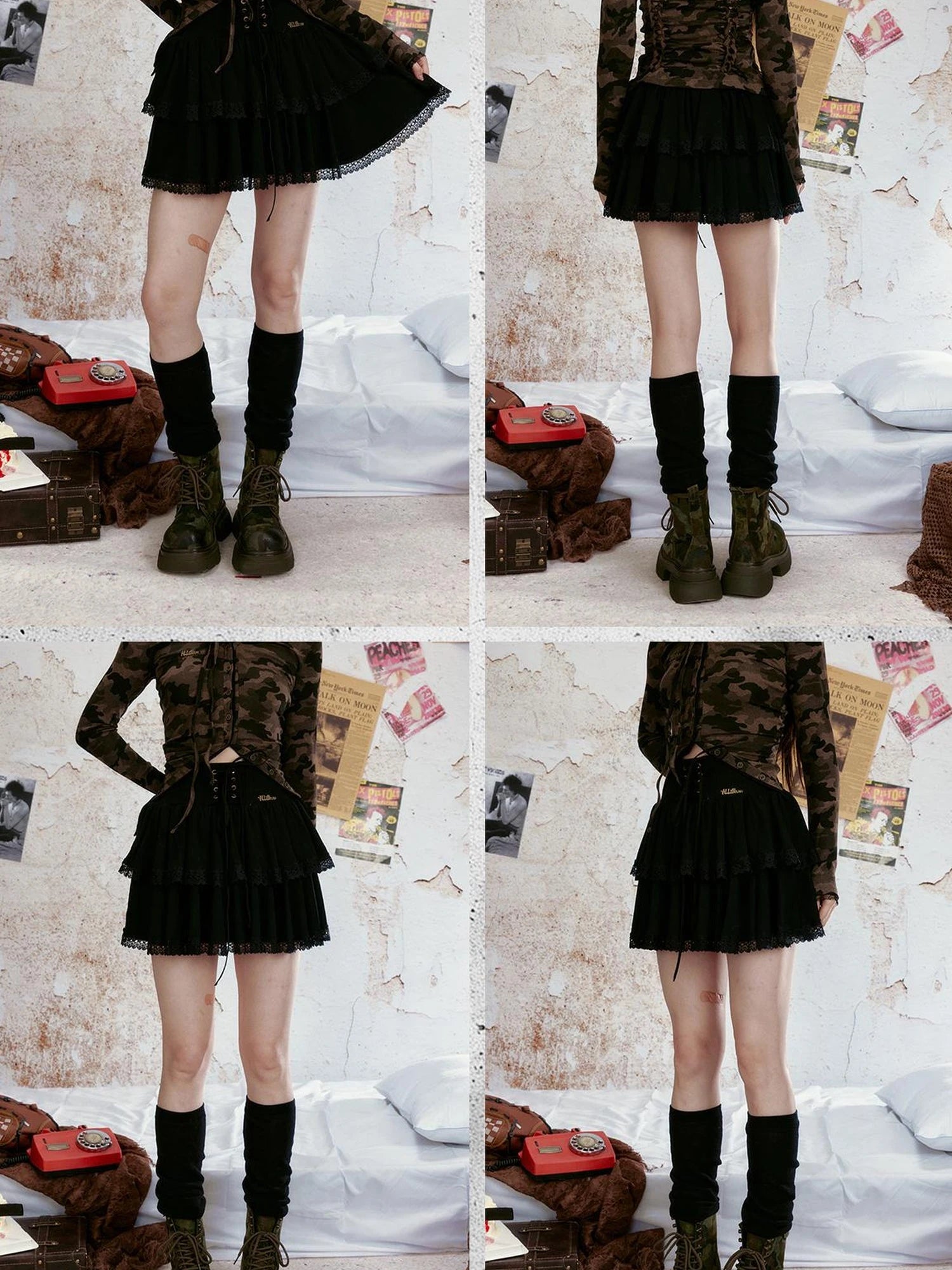 Lace Trimmed Wide Waistband Flared Mini Skirt