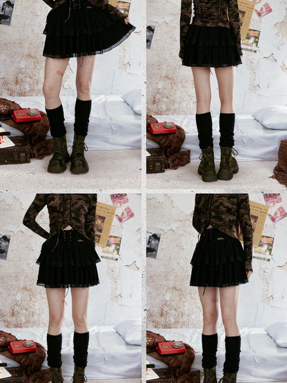 Lace Trimmed Wide Waistband Flared Mini Skirt