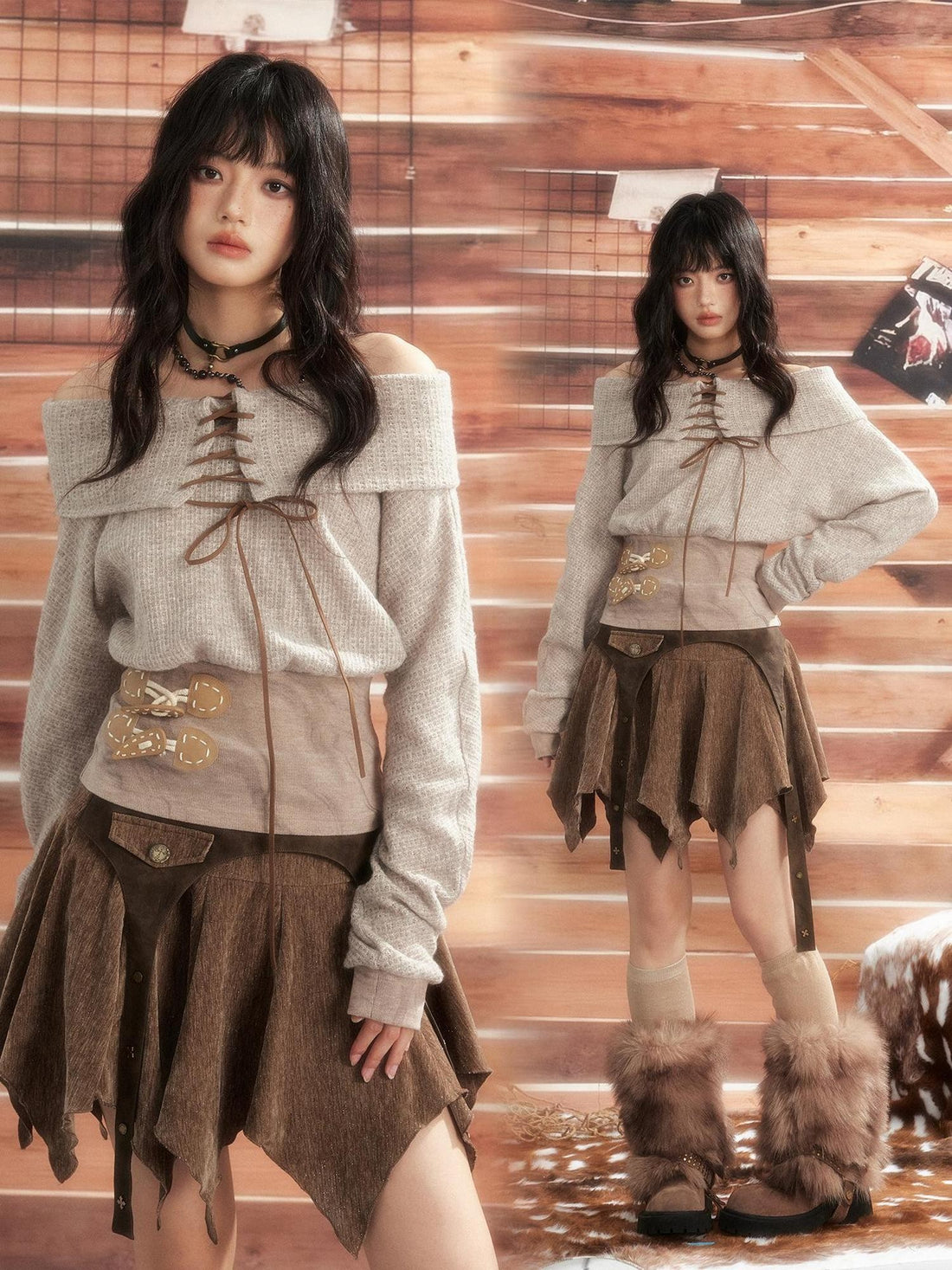 ALL iN plan Lace Up One Shoulder Cropped Long Sleeve Women&