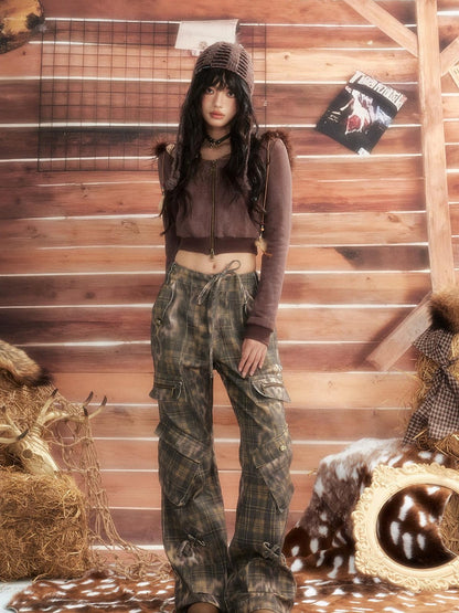 ALL iN plan Leopard Print Vintage Multi Pocket Natural Waist Button Fly Womens Cargo Pants