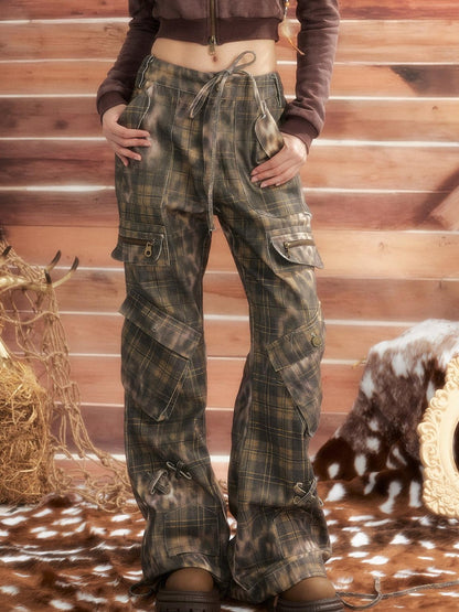 ALL iN plan Leopard Print Vintage Multi Pocket Natural Waist Button Fly Womens Cargo Pants