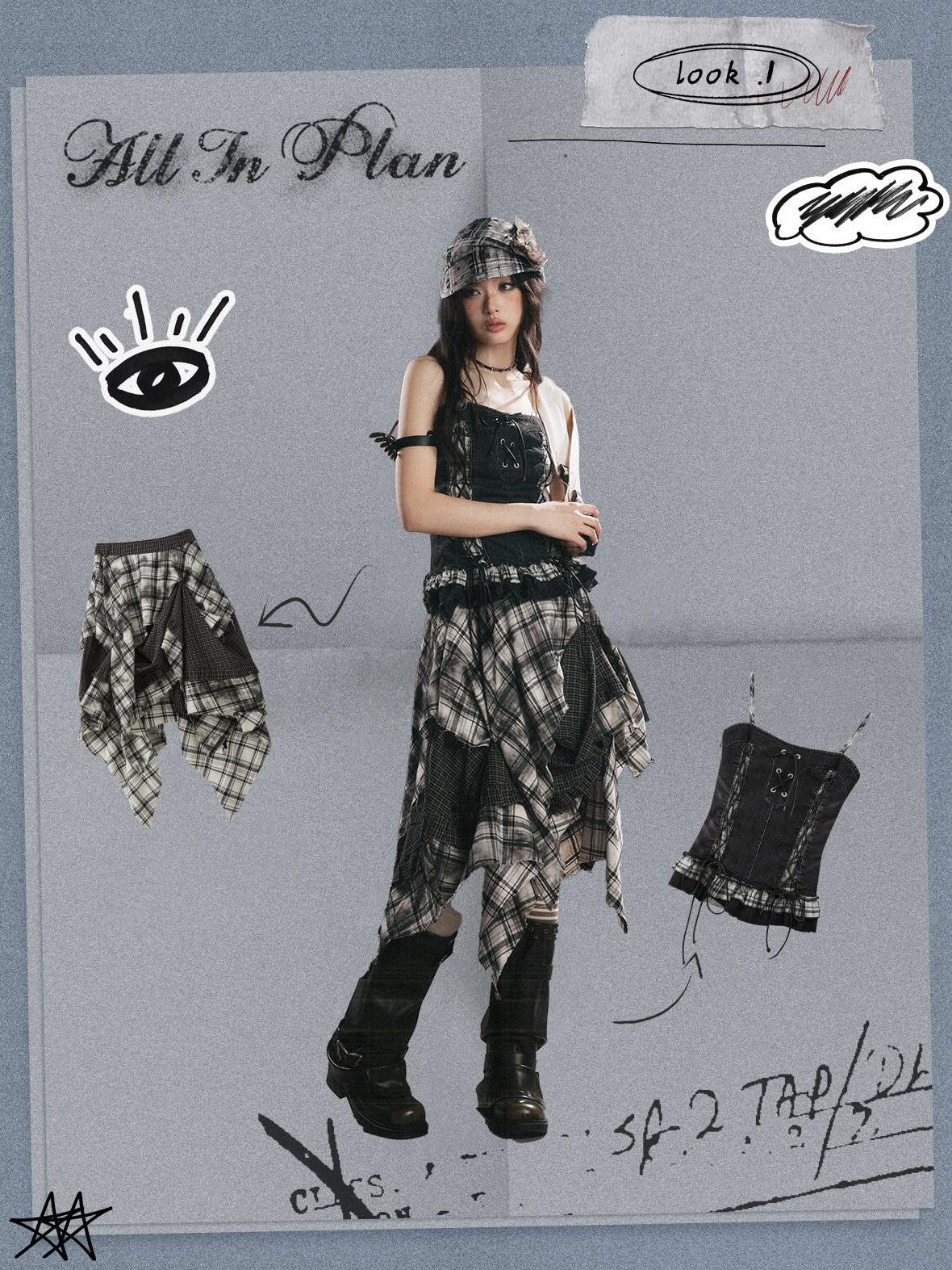 ALL iN plan Light Check Paneled Asymmetric High Waist Women&