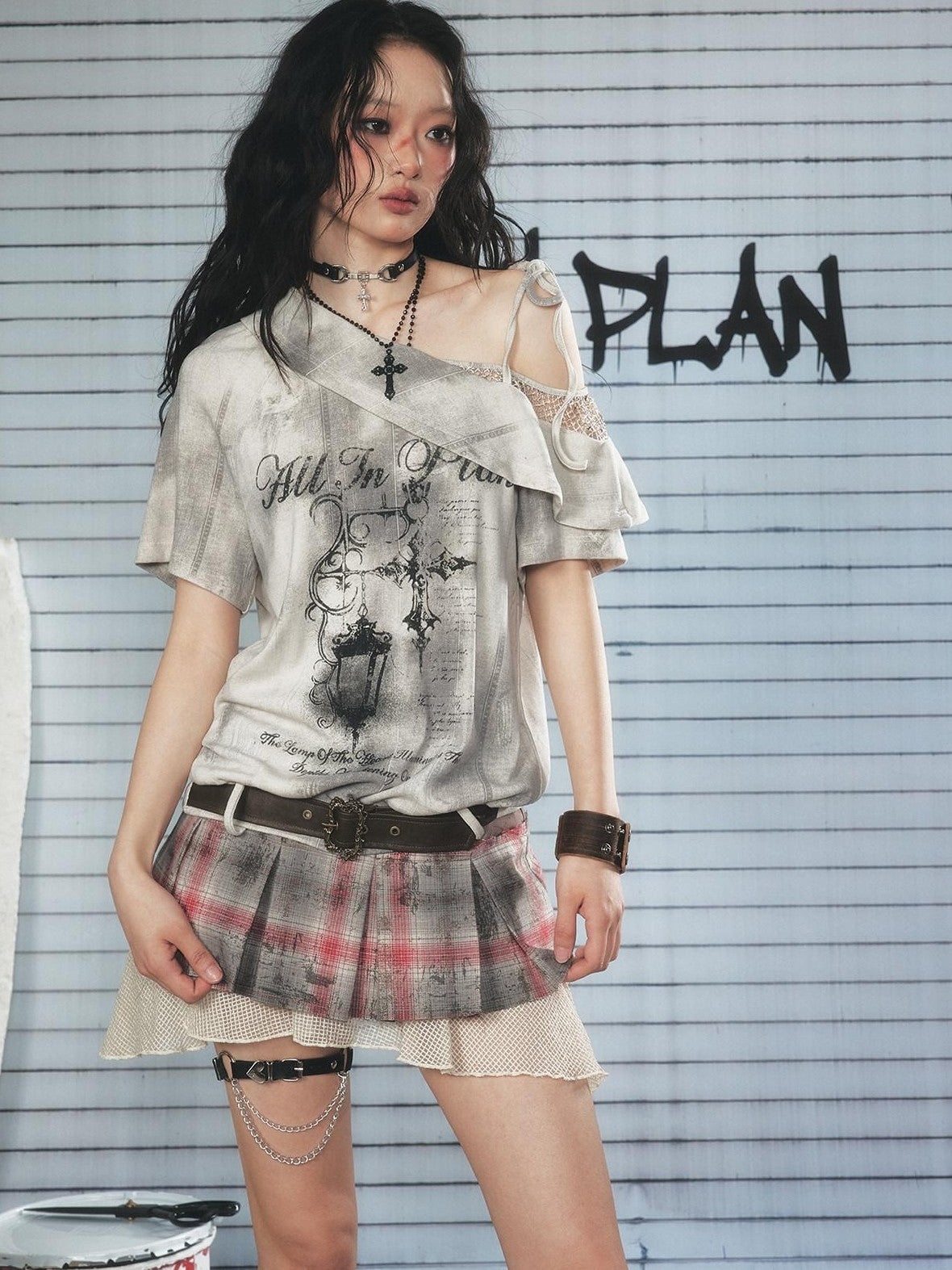 ALL iN plan Light Gray Spliced Print Asymmetric Women&
