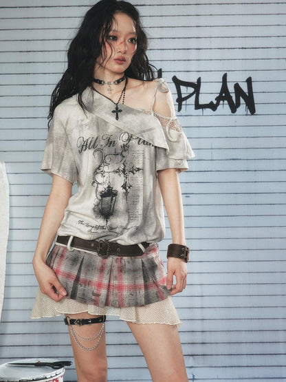 ALL iN plan Light Gray Spliced Print Asymmetric Women&