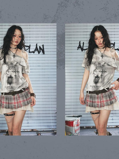 ALL iN plan Light Gray Spliced Print Asymmetric Women&