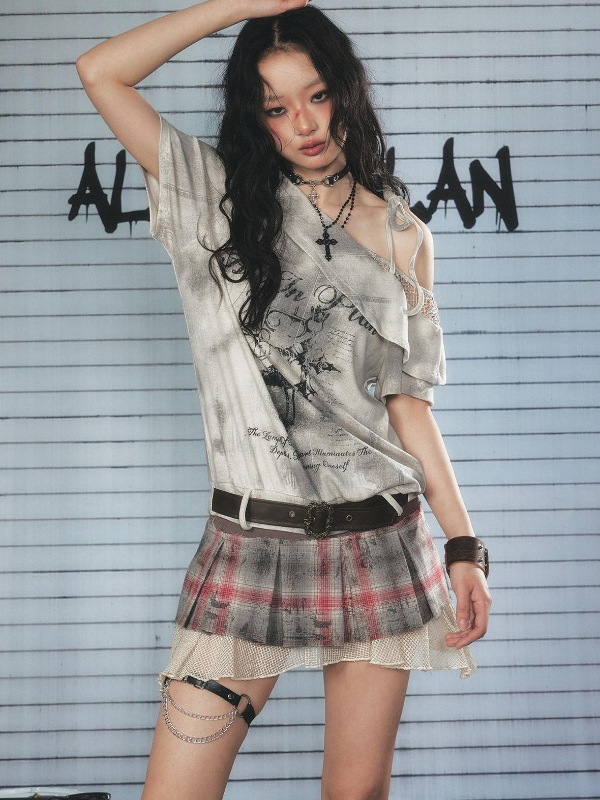 ALL iN plan Light Gray Spliced Print Asymmetric Women&