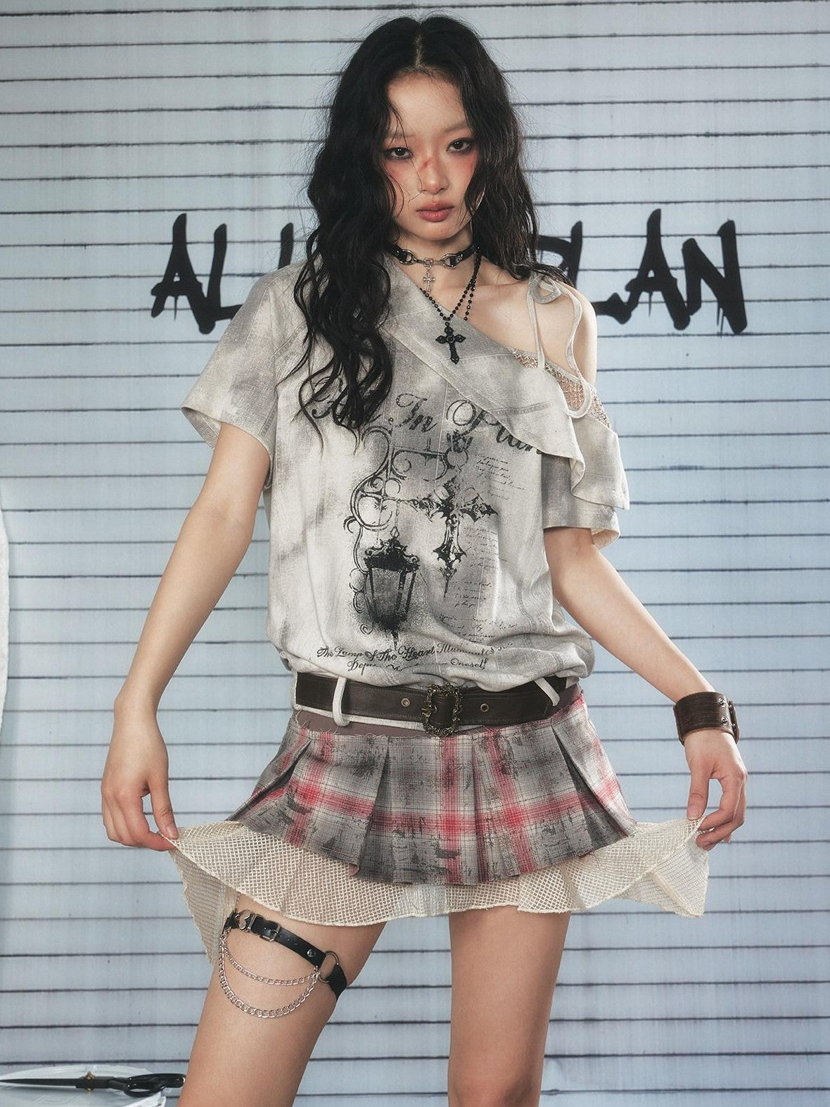 ALL iN plan Light Gray Spliced Print Asymmetric Women&