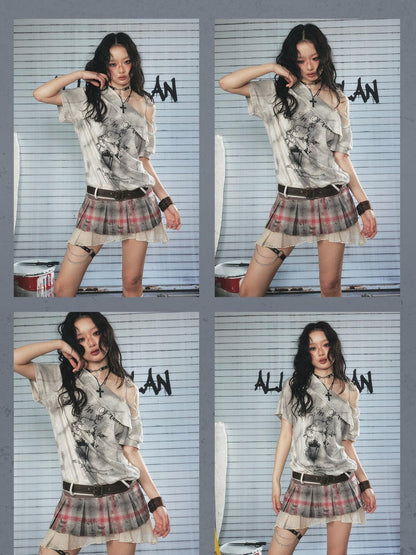 ALL iN plan Light Gray Spliced Print Asymmetric Women&