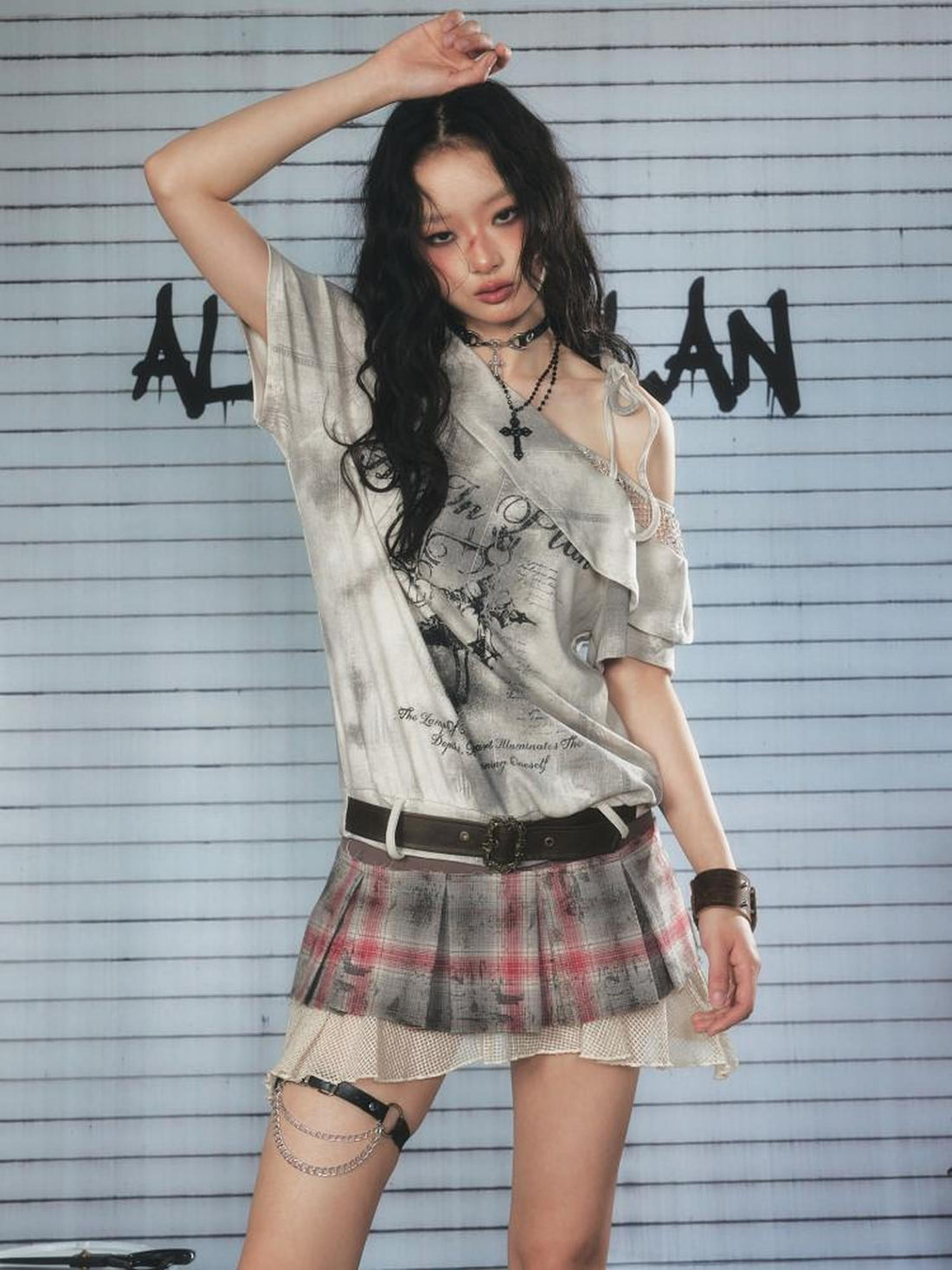 ALL iN plan Light Gray Spliced Print Asymmetric Women&