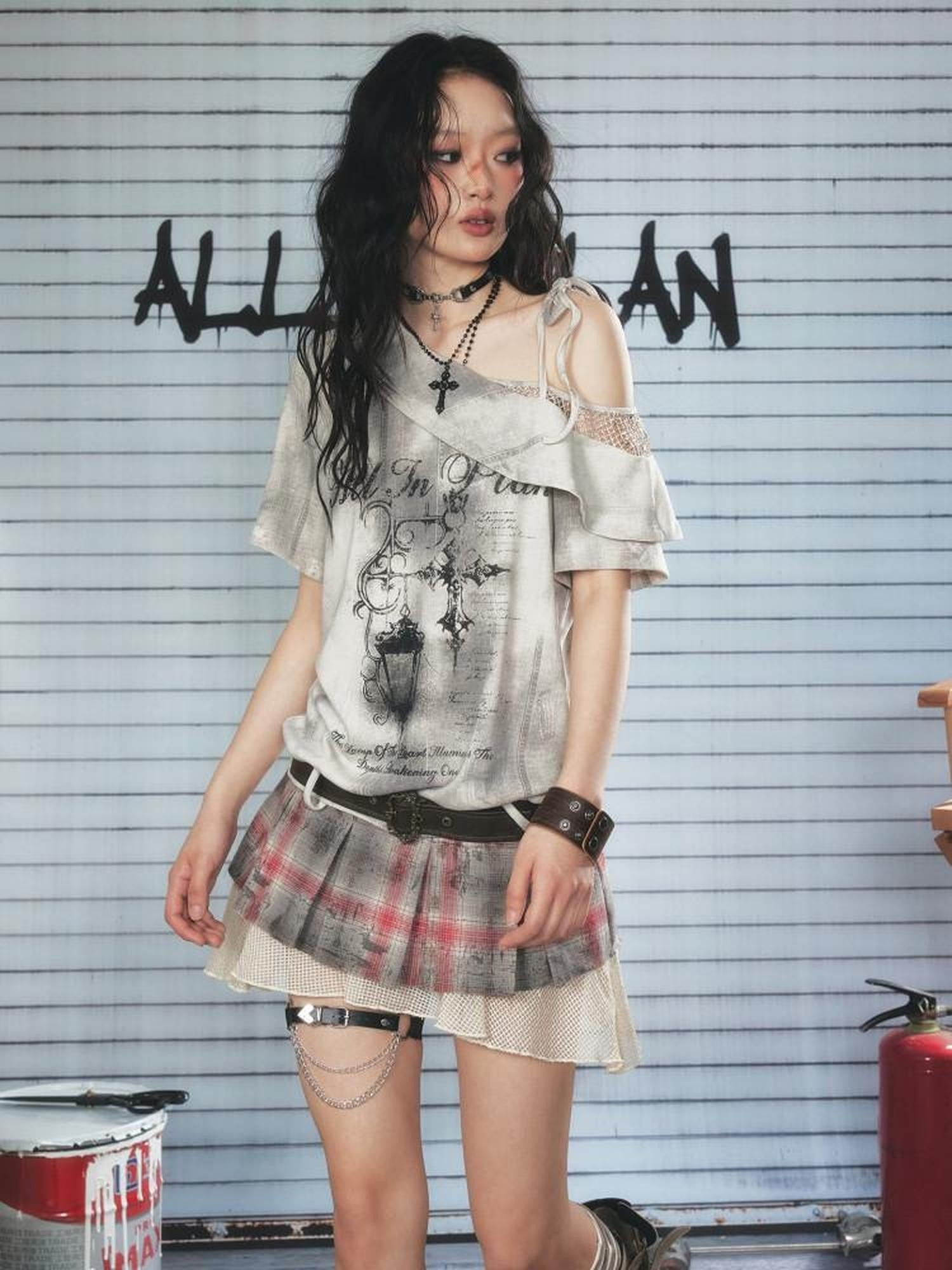 ALL iN plan Light Gray Spliced Print Asymmetric Women&