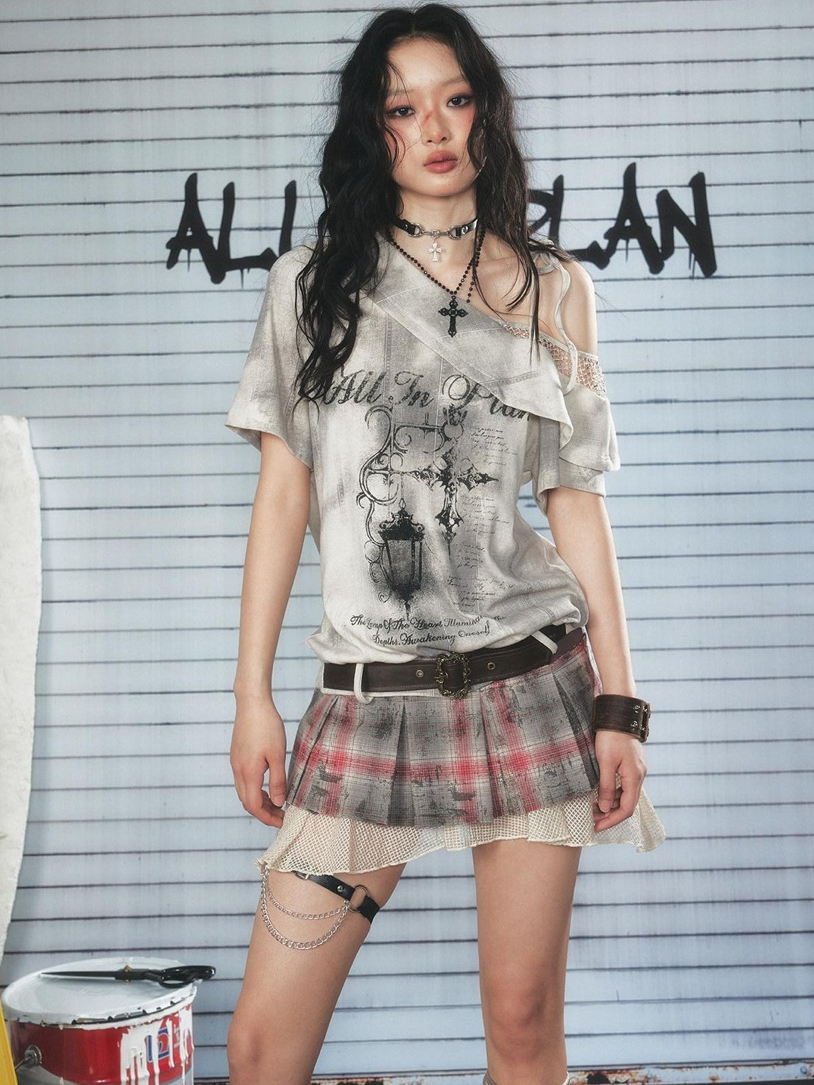ALL iN plan Light Gray Spliced Print Asymmetric Women&