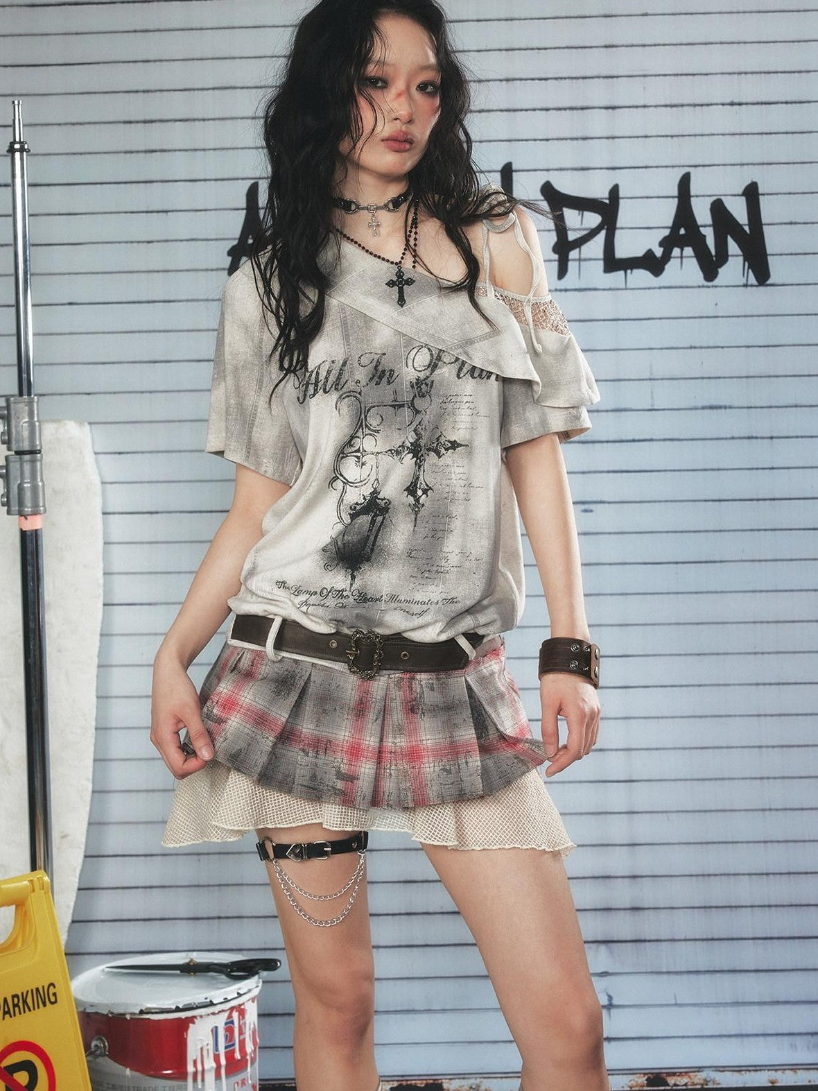 ALL iN plan Light Gray Spliced Print Asymmetric Women&