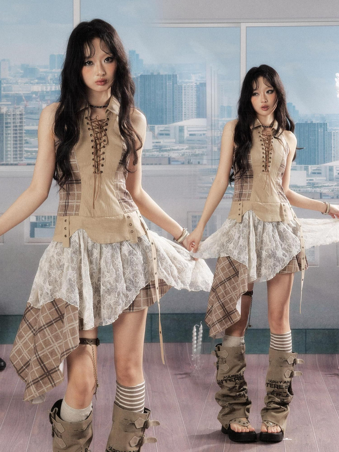 ALL iN plan Lightweight Khaki Polyester Sleeveless Asymmetrical Hem Women Casual Mini Dresses