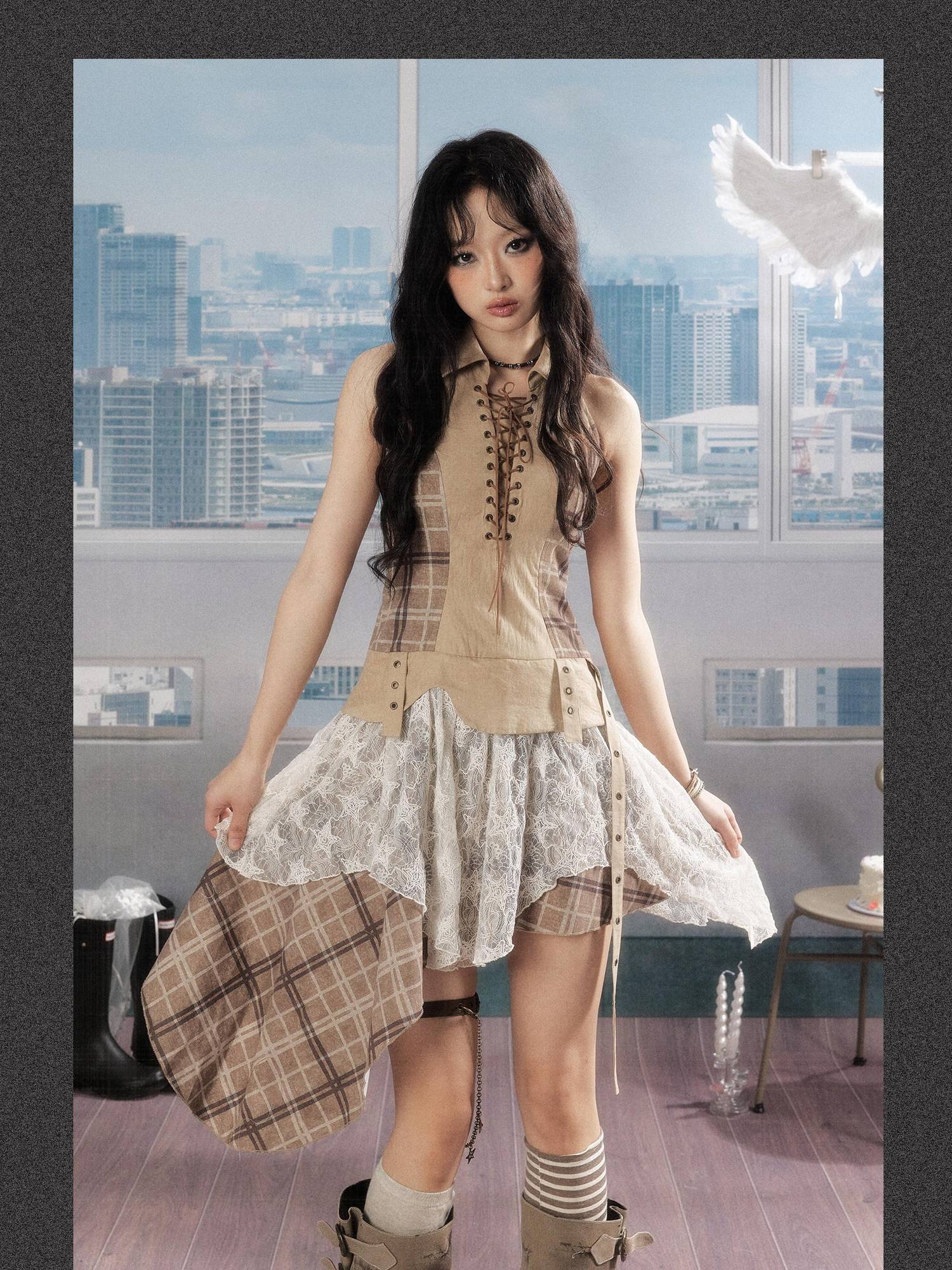 ALL iN plan Lightweight Khaki Polyester Sleeveless Asymmetrical Hem Women Casual Mini Dresses