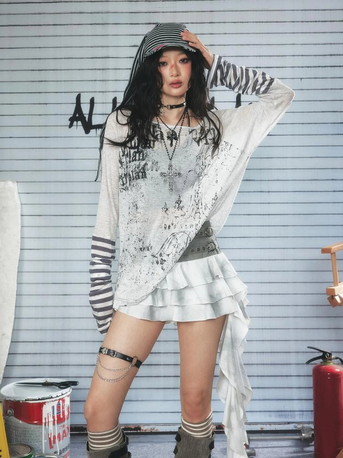 Long Sleeve Graphic Tee with Graffiti Print and Striped Cuffs