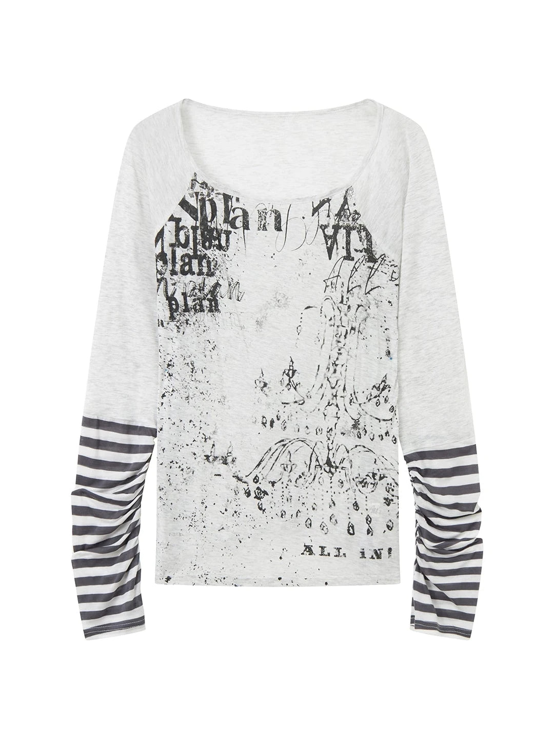Long Sleeve Graphic Tee with Graffiti Print and Striped Cuffs