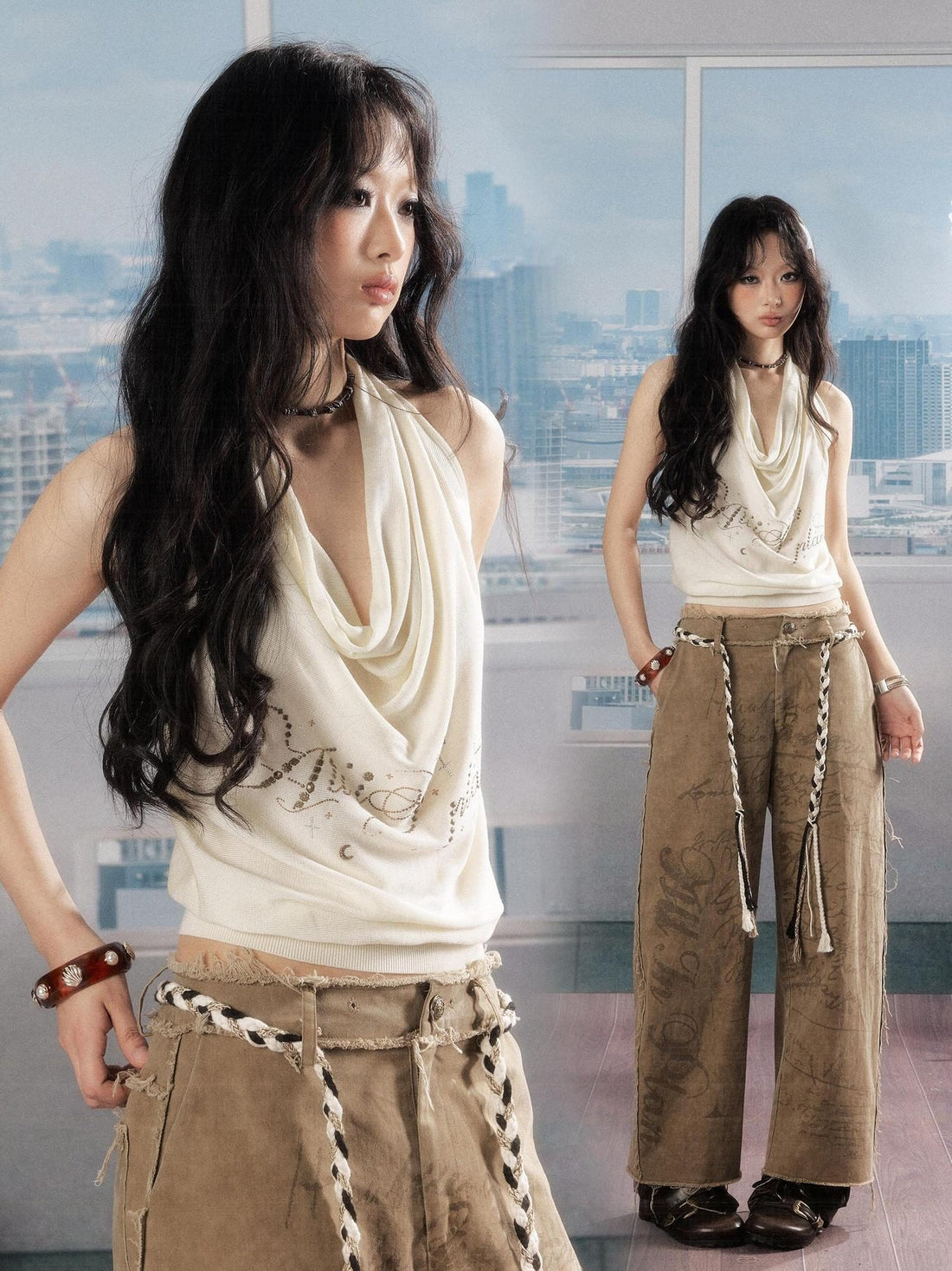 ALL iN plan Loose Fit Collared Cropped No Padding Women Letter Print Halter Tops