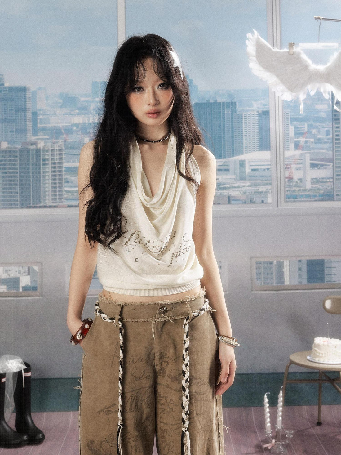 ALL iN plan Loose Fit Collared Cropped No Padding Women Letter Print Halter Tops