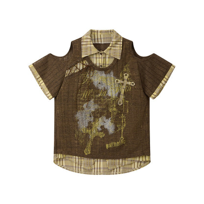 ALL iN plan Loose Printed Faux Layer Button Collar Womens Polyester Short Sleeve T-Shirts