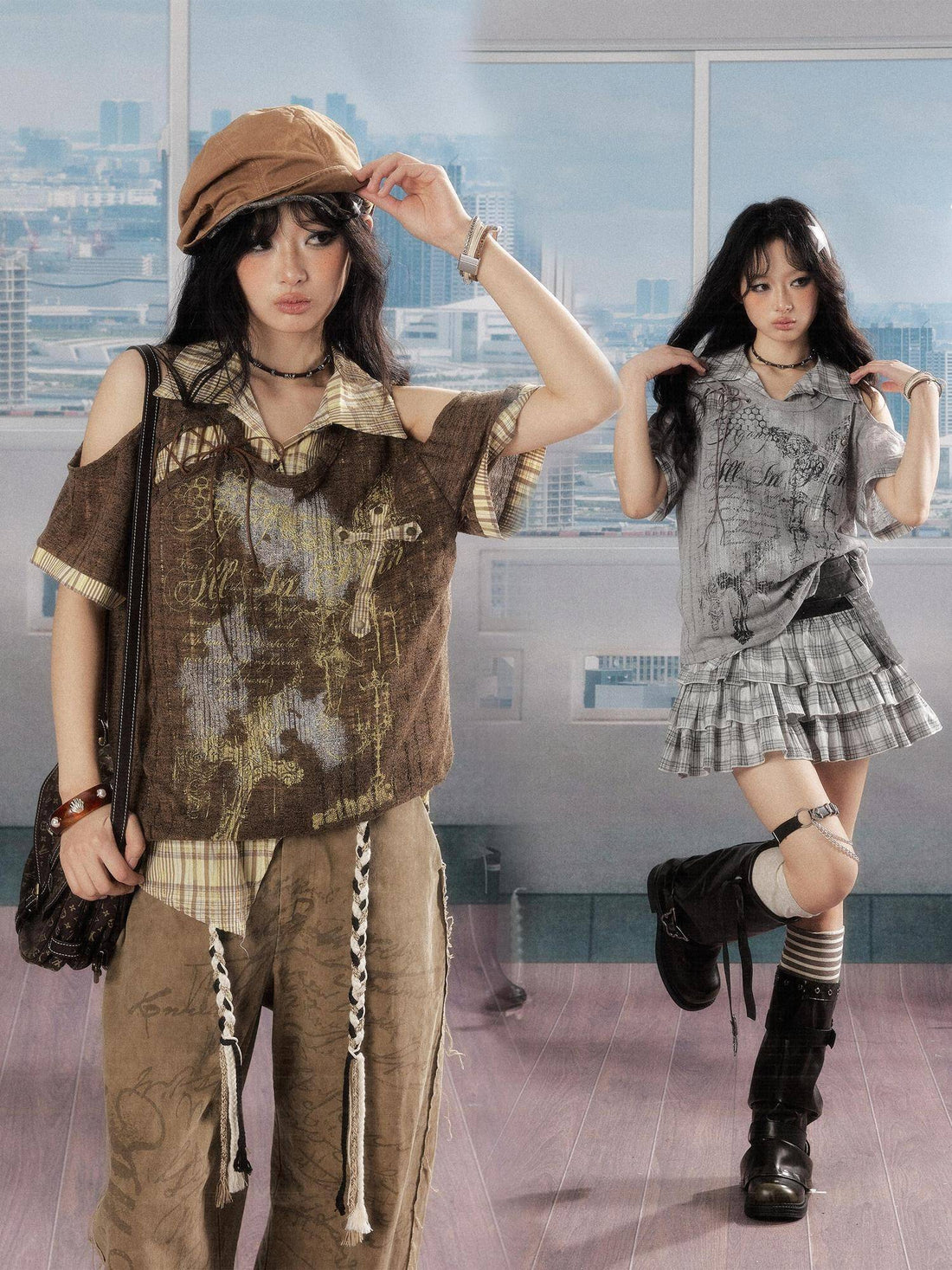 ALL iN plan Loose Printed Faux Layer Button Collar Womens Polyester Short Sleeve T-Shirts