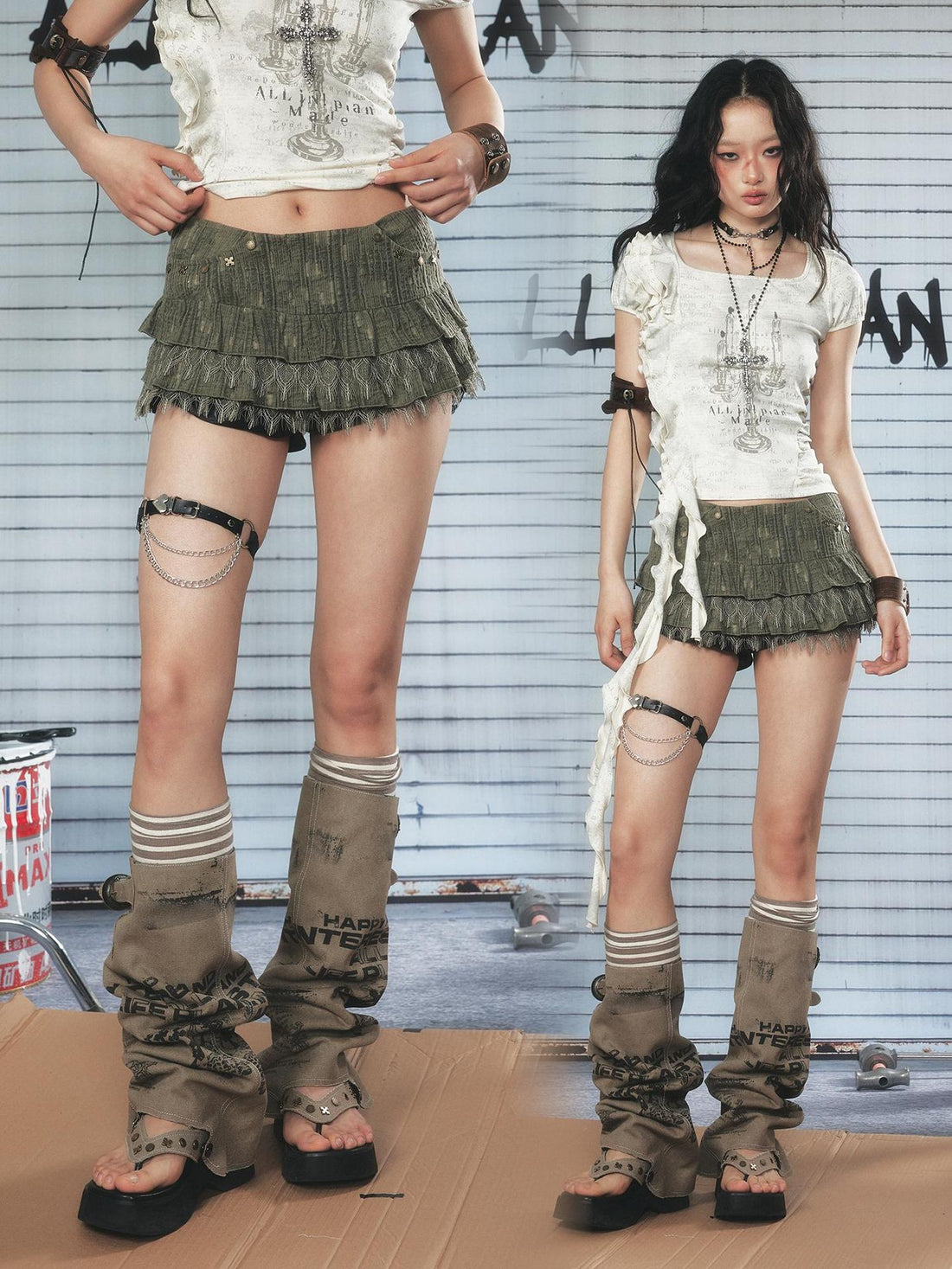 ALL iN plan Low Rise Layered Lace Short Skirt In Green