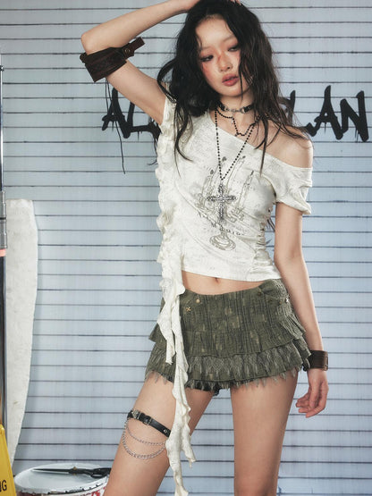 ALL iN plan Low Rise Layered Lace Short Skirt In Green