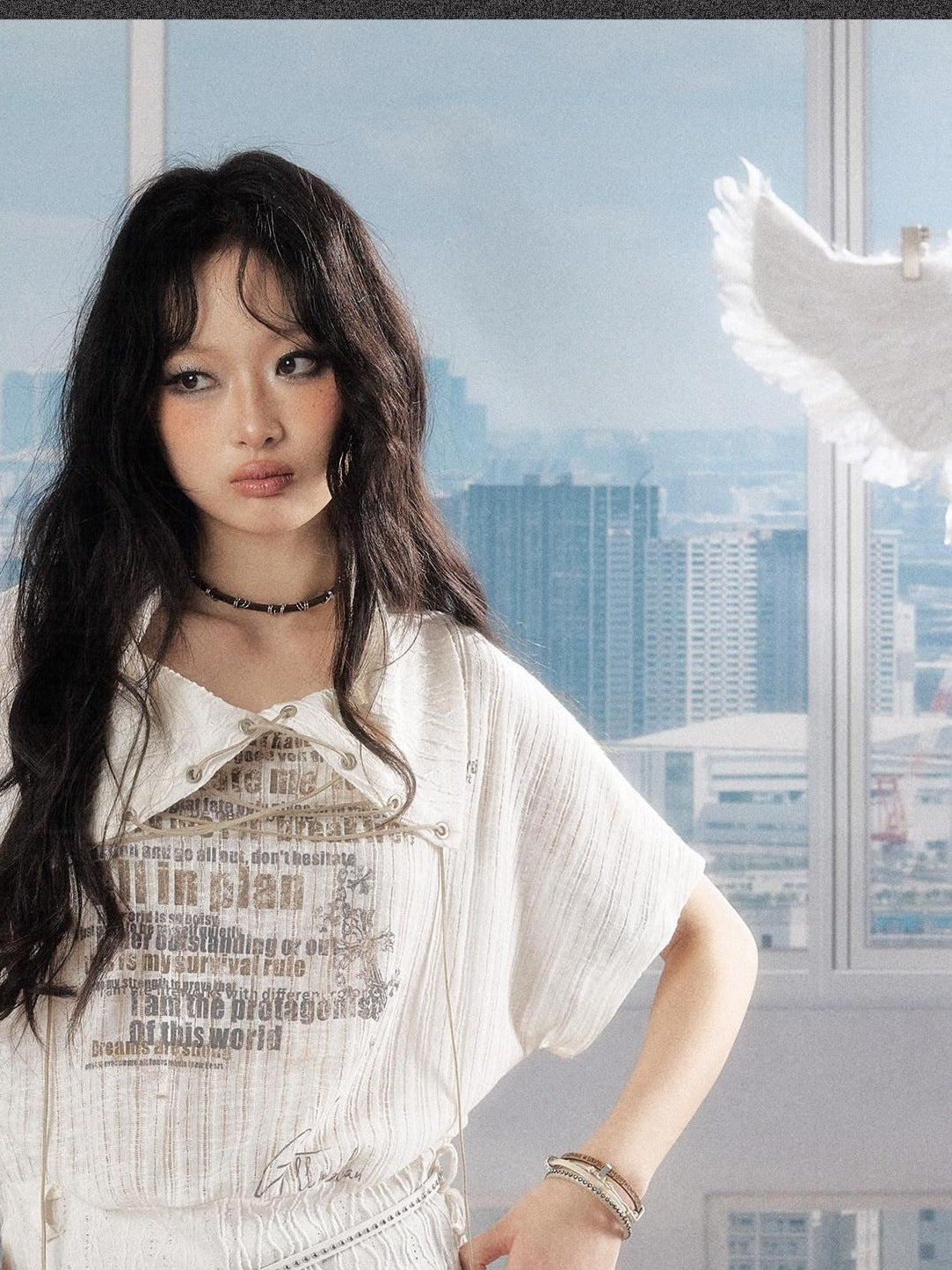 ALL iN plan Luxury Cropped Batwing Polo Collar Lettered Women White Short Sleeve T-Shirts