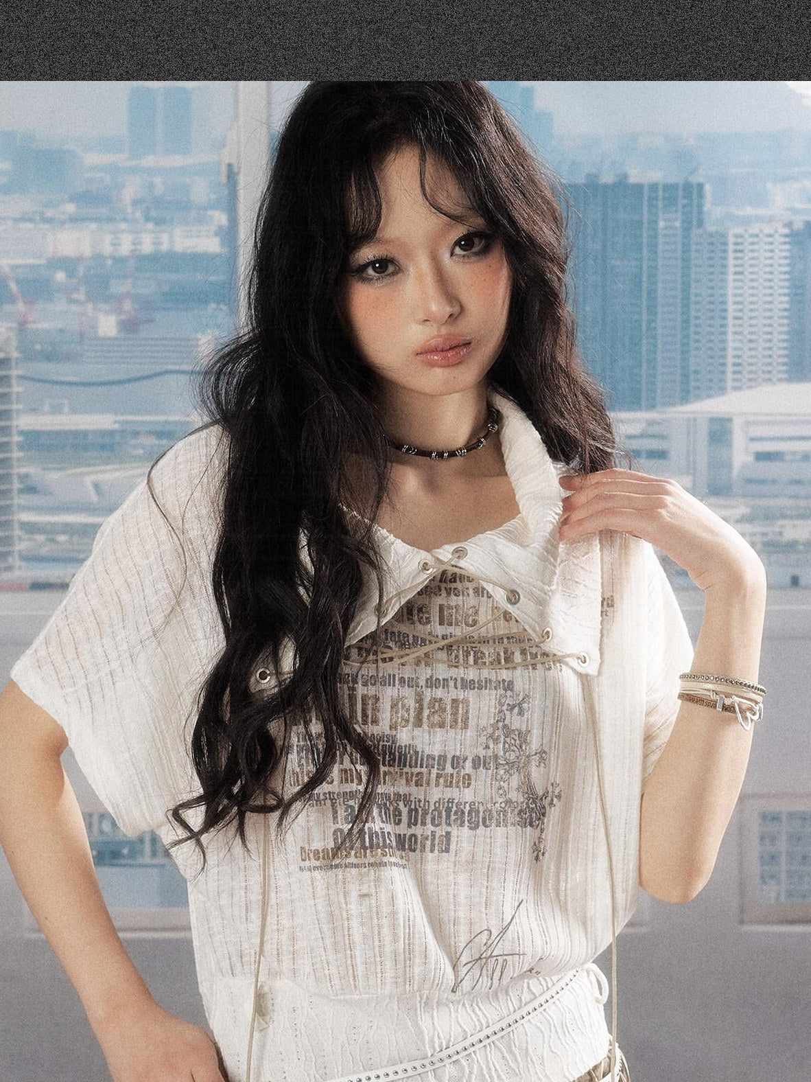 ALL iN plan Luxury Cropped Batwing Polo Collar Lettered Women White Short Sleeve T-Shirts