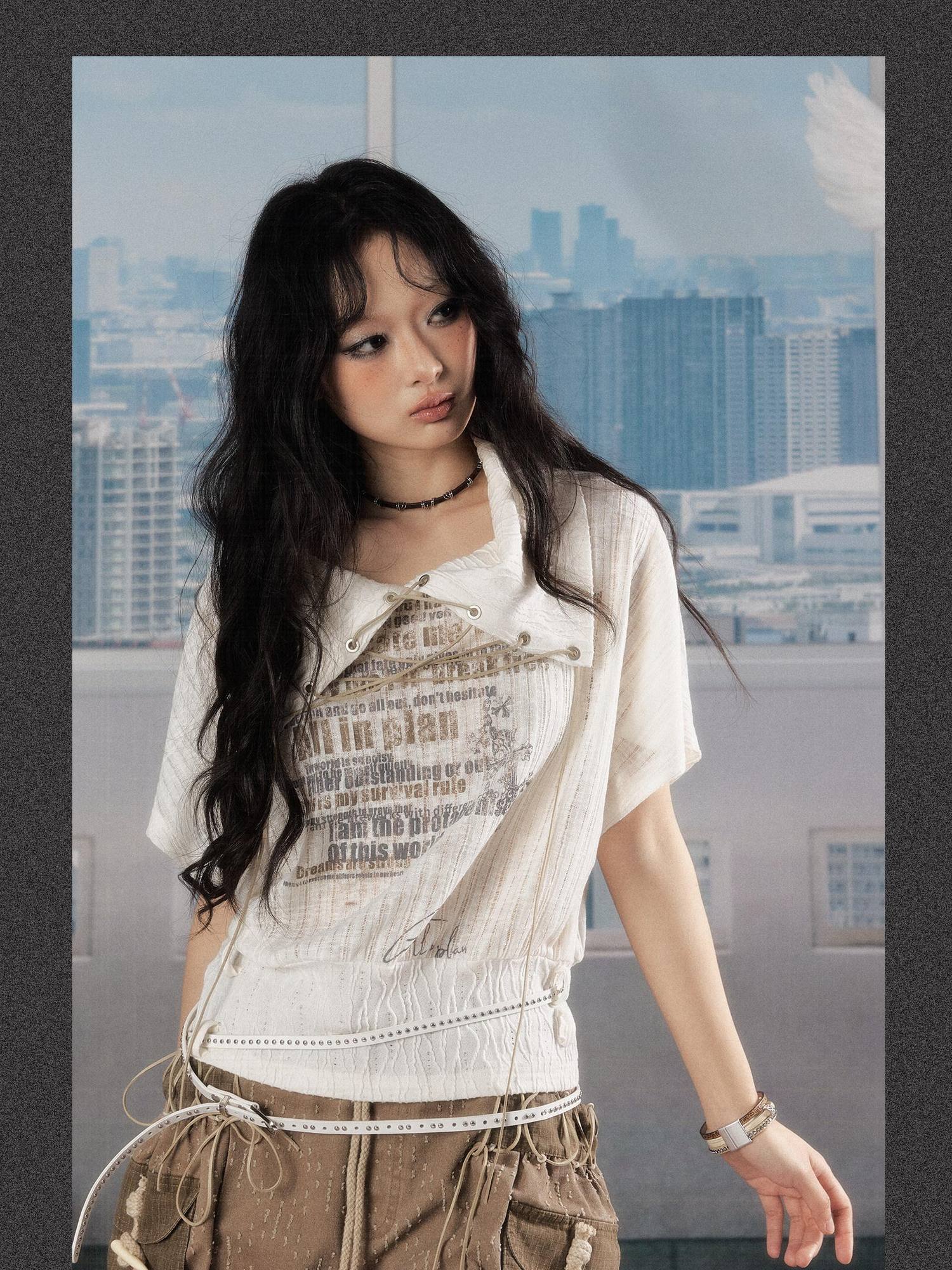 ALL iN plan Luxury Cropped Batwing Polo Collar Lettered Women White Short Sleeve T-Shirts