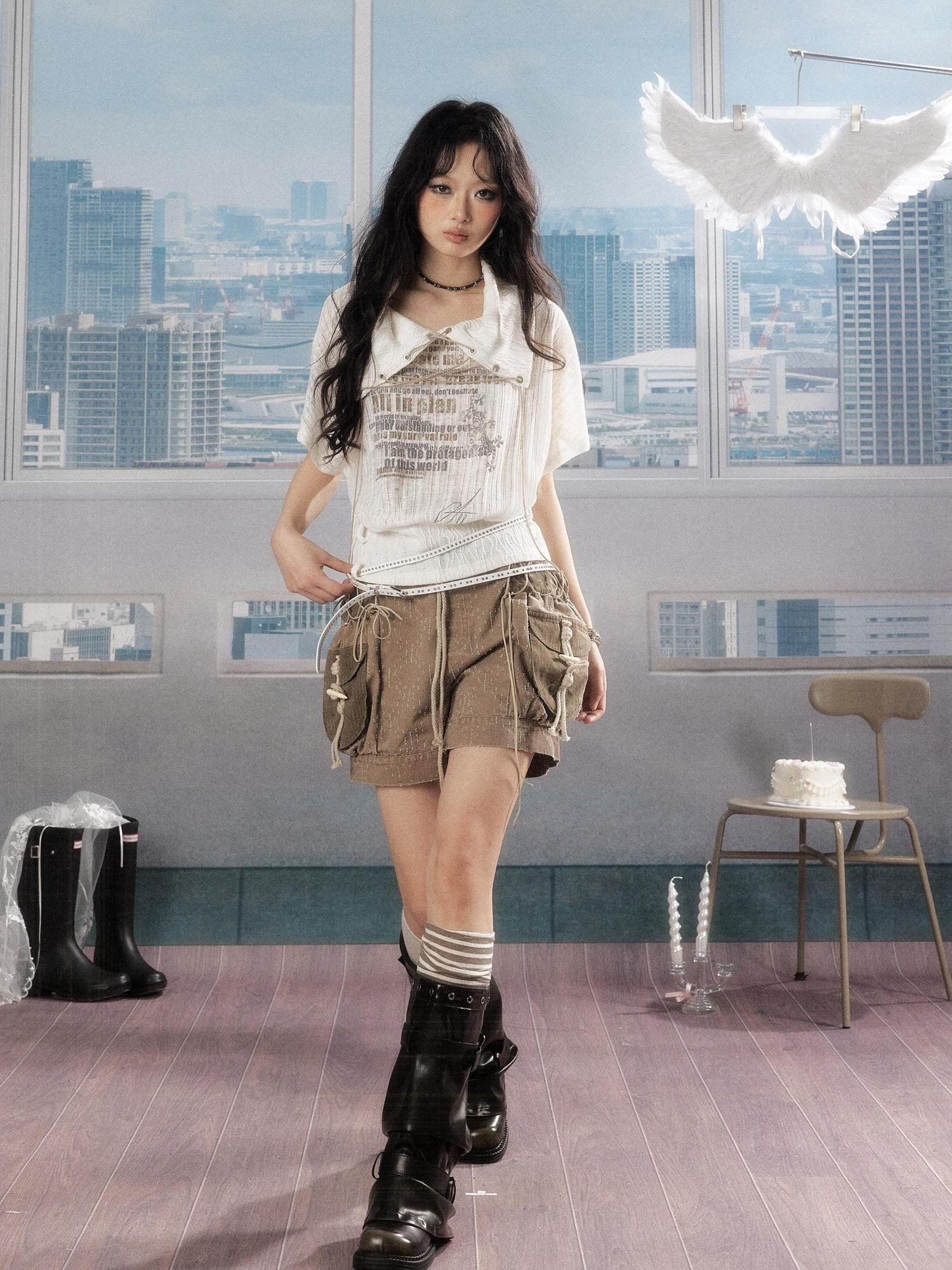 ALL iN plan Luxury Cropped Batwing Polo Collar Lettered Women White Short Sleeve T-Shirts