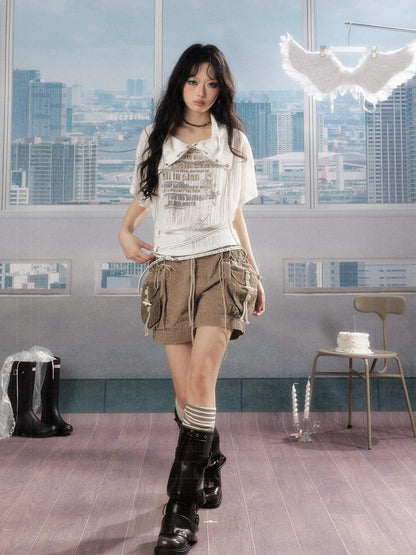 ALL iN plan Luxury Cropped Batwing Polo Collar Lettered Women White Short Sleeve T-Shirts