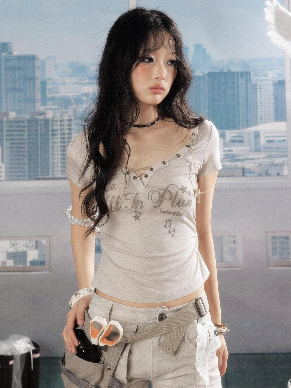 ALL iN plan Lyocell Cotton Blend Casual Cinched Waist Aline Sleeve Khaki Cropped Letter