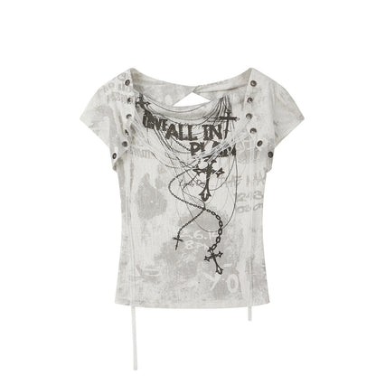 ALL iN plan Lyocell Fitted Crewneck A Line Printed Women Light Gray Short Sleeve T-Shirts