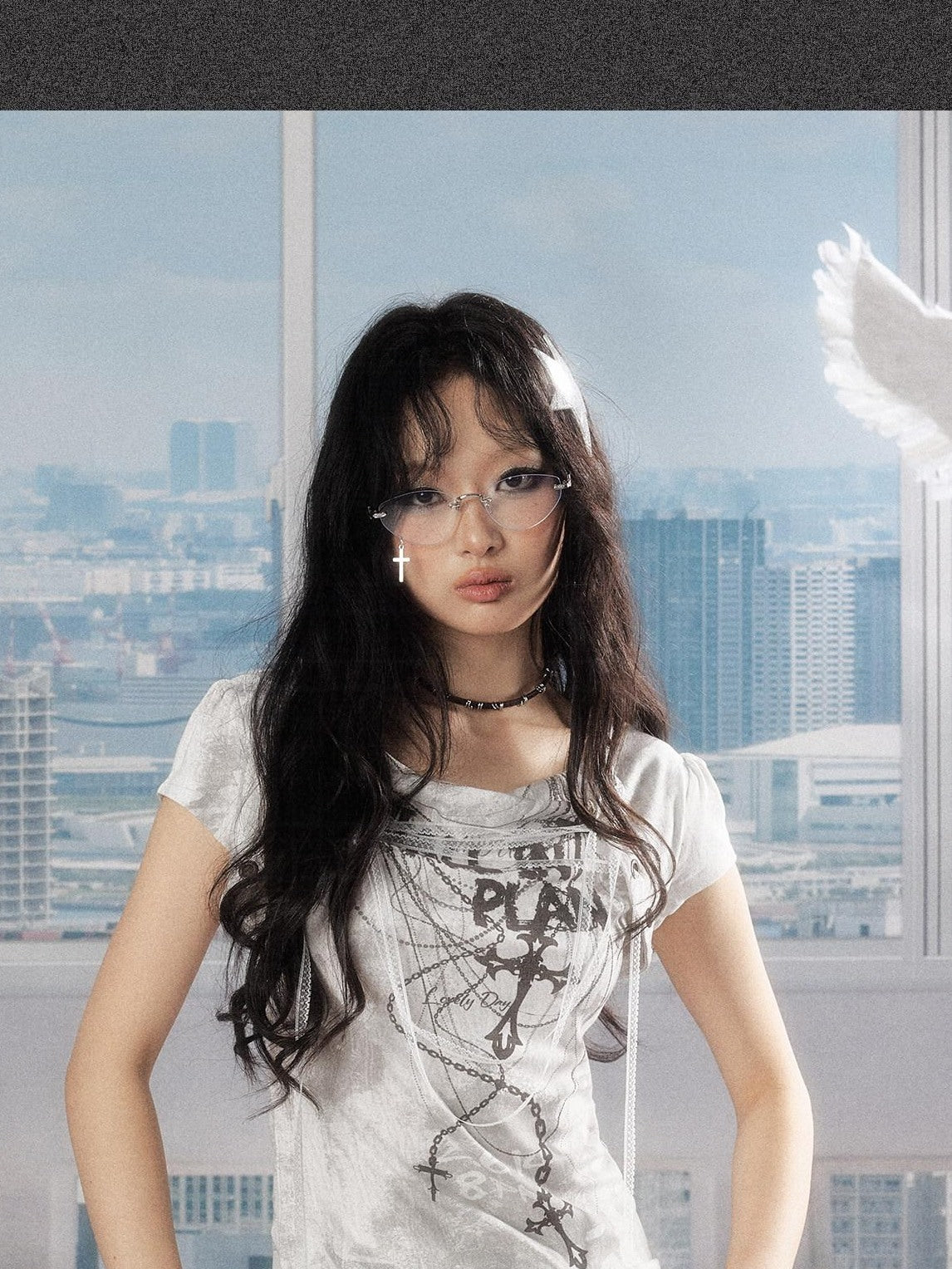 ALL iN plan Lyocell Fitted Crewneck A Line Printed Women Light Gray Short Sleeve T-Shirts