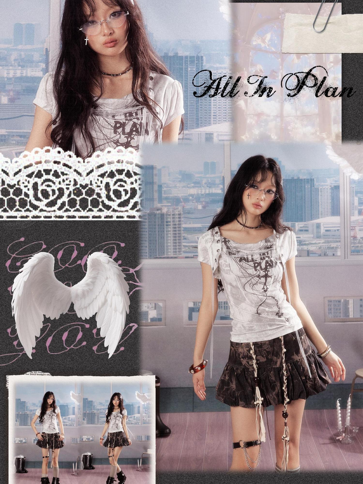 ALL iN plan Lyocell Fitted Crewneck A Line Printed Women Light Gray Short Sleeve T-Shirts