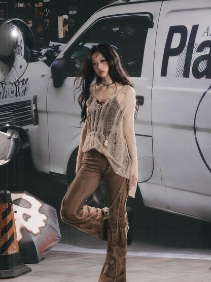 ALL iN plan Micro Flare Washed Drawstring Cargo High Waist Women&