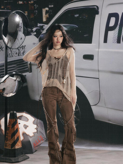 ALL iN plan Micro Flare Washed Drawstring Cargo High Waist Women&