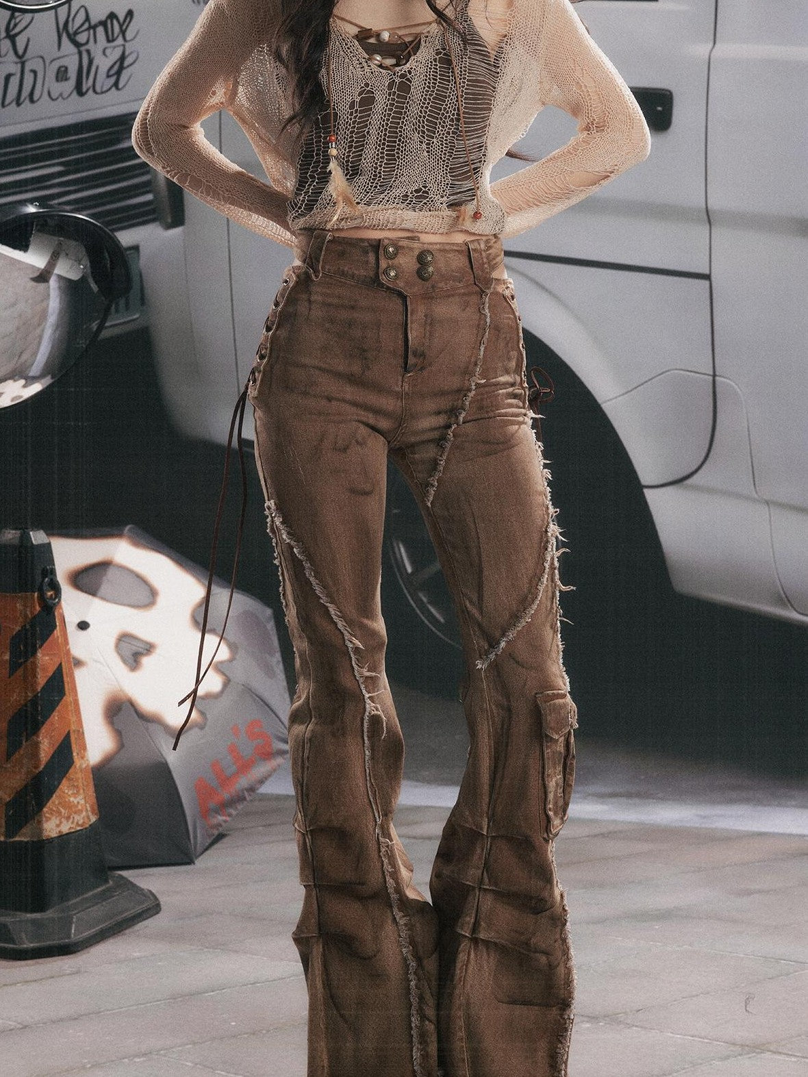 ALL iN plan Micro Flare Washed Drawstring Cargo High Waist Women&