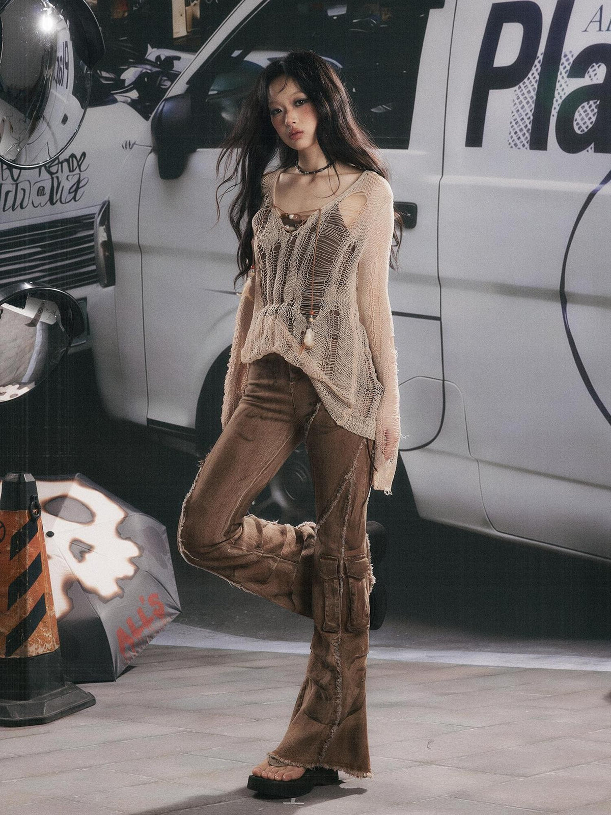 ALL iN plan Micro Flare Washed Drawstring Cargo High Waist Women&