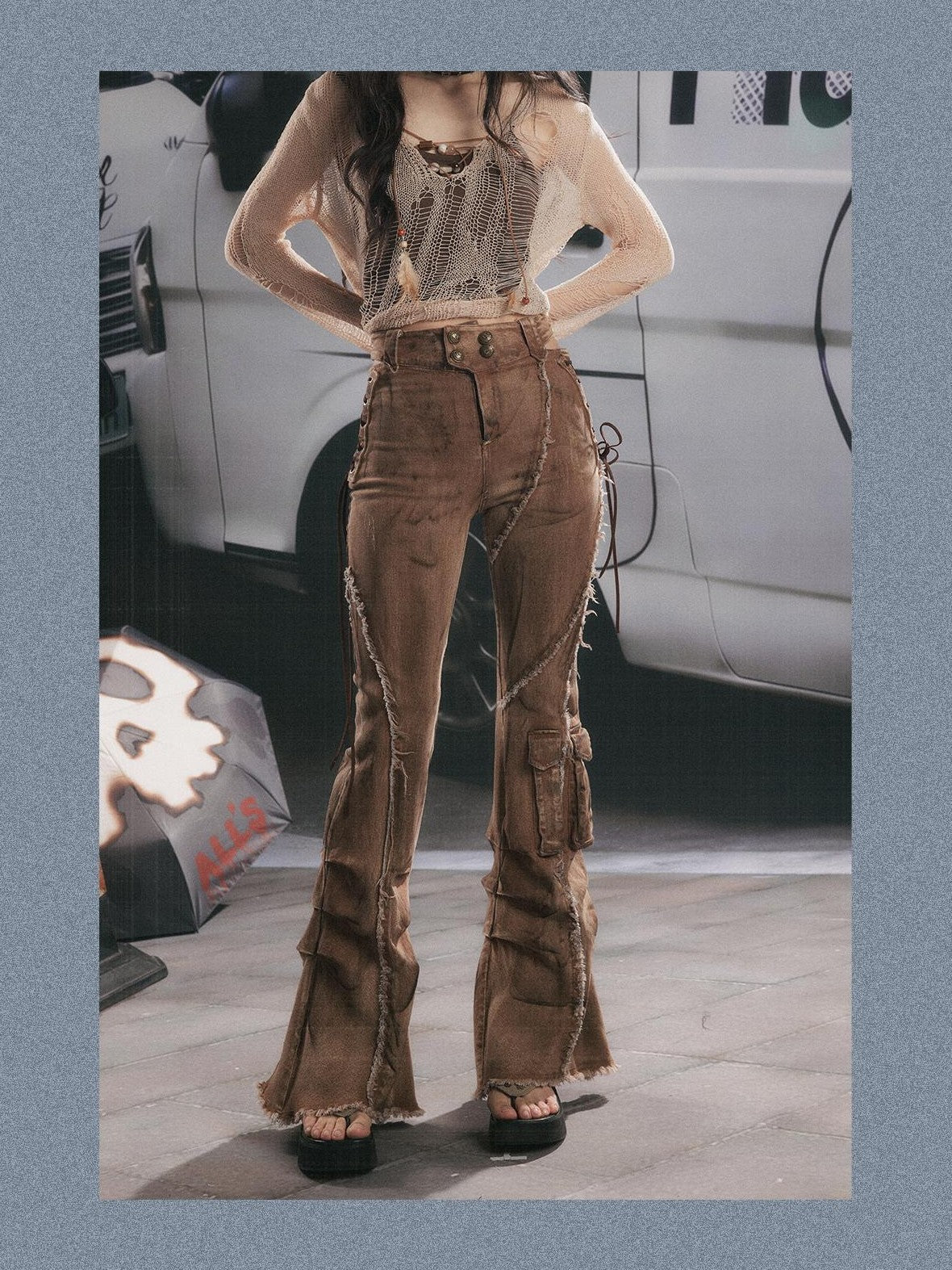 ALL iN plan Micro Flare Washed Drawstring Cargo High Waist Women&