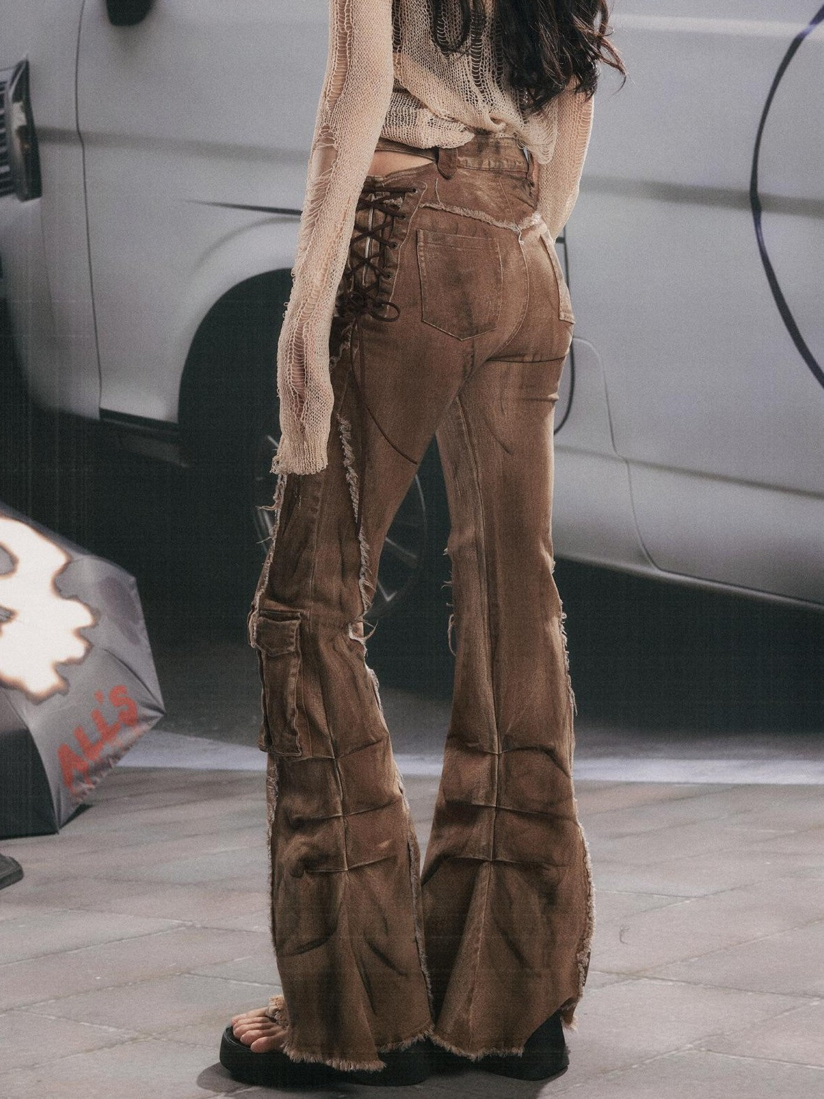 ALL iN plan Micro Flare Washed Drawstring Cargo High Waist Women&
