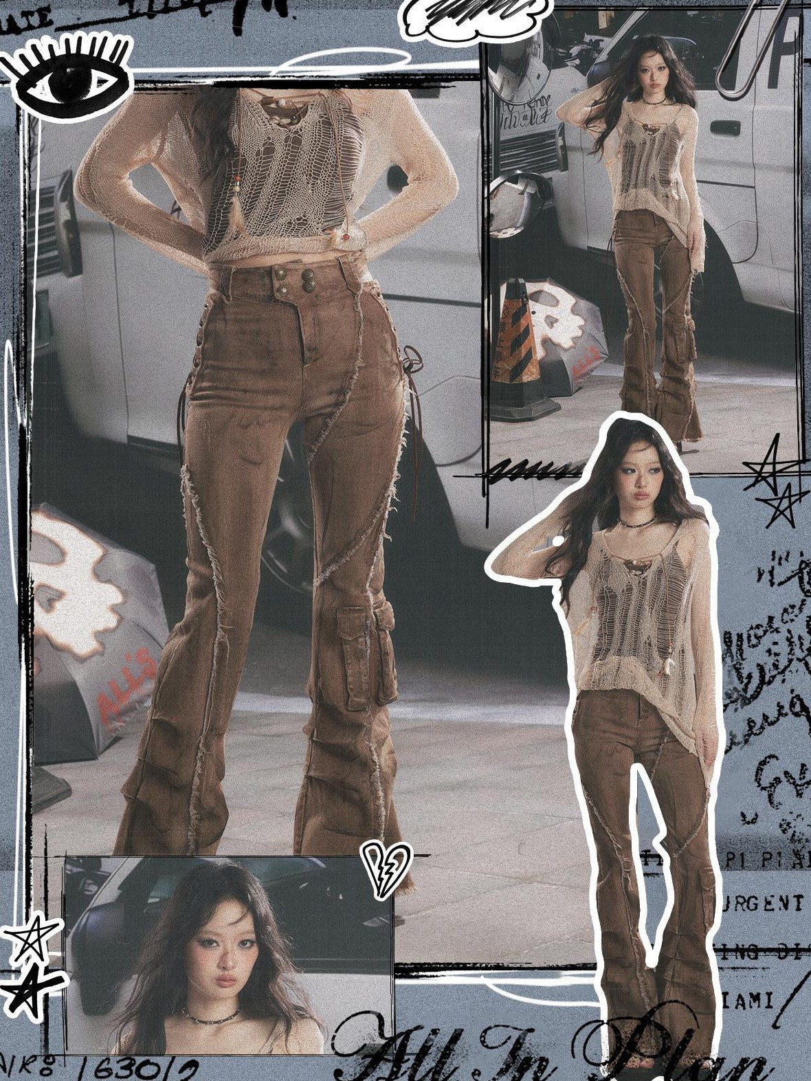 ALL iN plan Micro Flare Washed Drawstring Cargo High Waist Women&