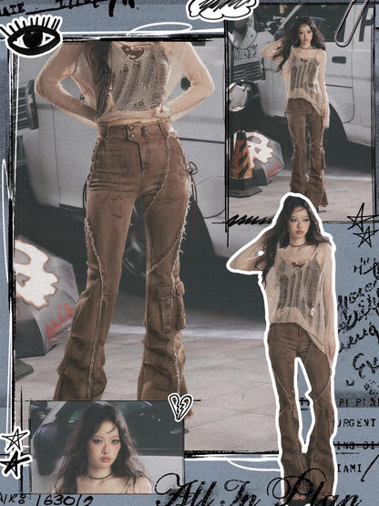 ALL iN plan Micro Flare Washed Drawstring Cargo High Waist Women&