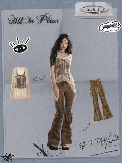 ALL iN plan Micro Flare Washed Drawstring Cargo High Waist Women&
