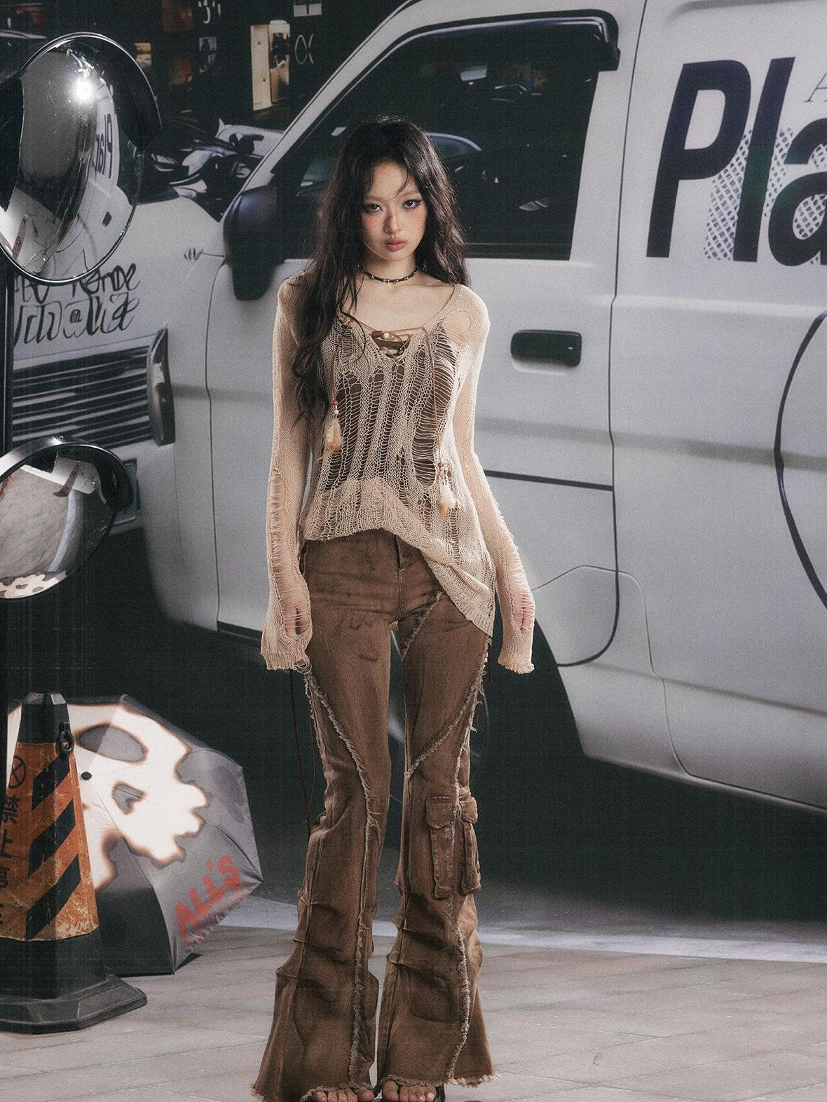 ALL iN plan Micro Flare Washed Drawstring Cargo High Waist Women&