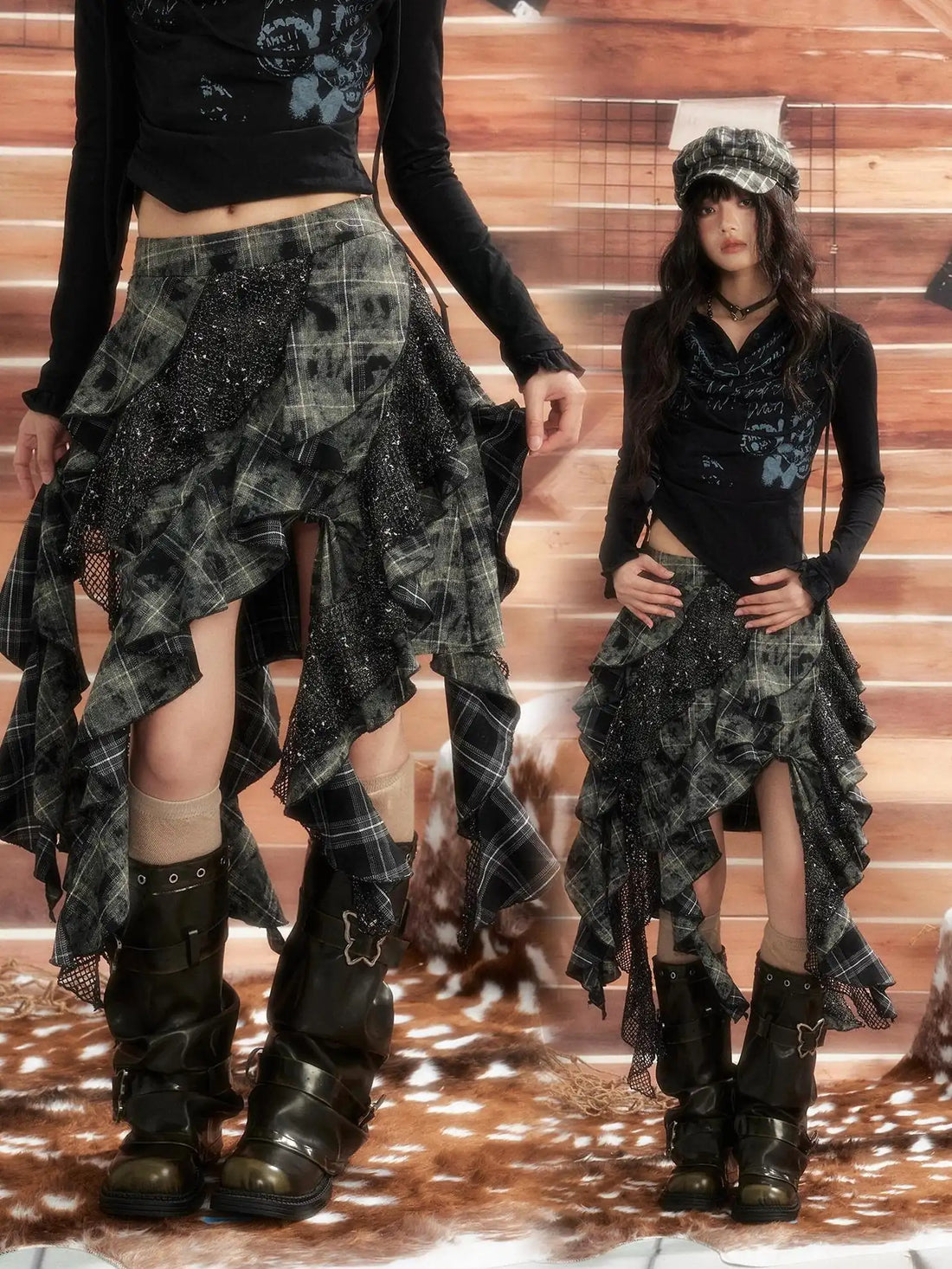 ALL iN plan Moonlight Hunter Asymmetrical Plaid Mesh Skirt Skirt